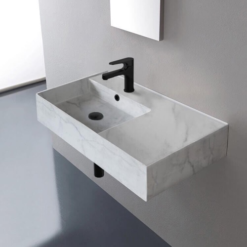 Marble Design Ceramic Wall Mounted or Vessel Sink With Counter Space Scarabeo 5115-F