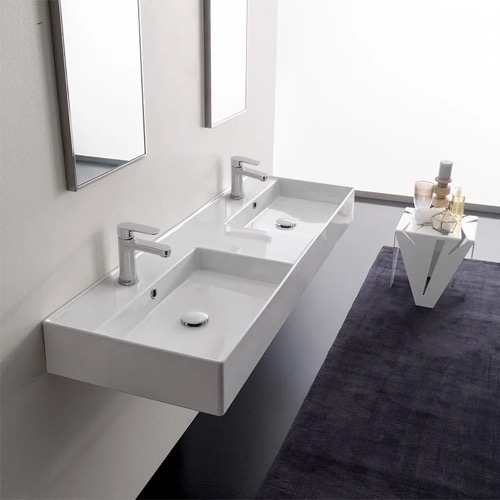 Double Rectangular Ceramic Wall Mounted or Vessel Sink With Counter Space Scarabeo 5116
