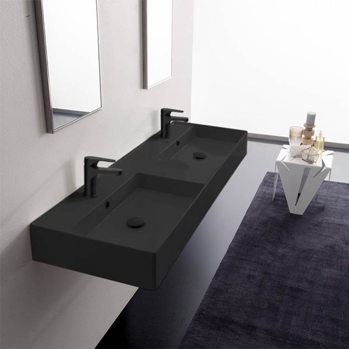 Double Black Ceramic Wall Mounted or Vessel Sink With Counter Space Scarabeo 5116-49