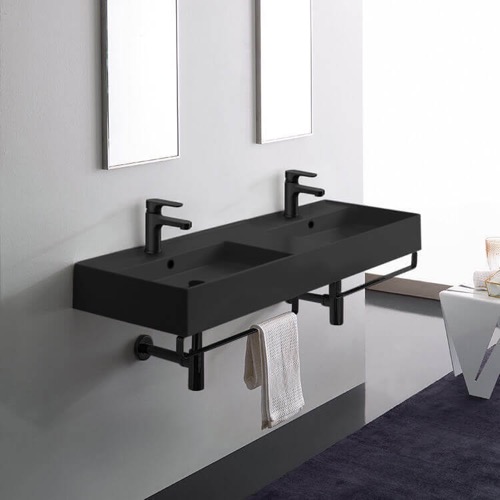 Double Black Wall Mounted Ceramic Sink With Black Towel Bar Scarabeo 5116-49-TB-BLK