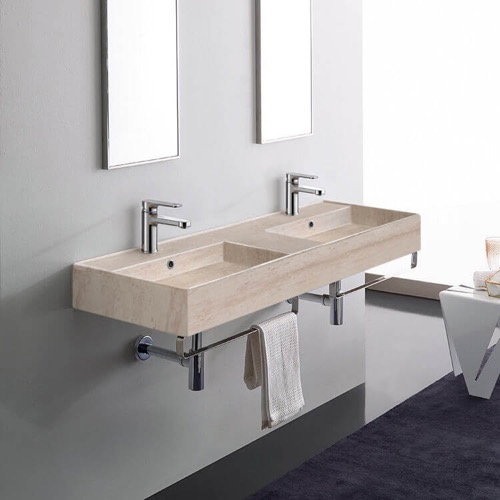 Beige Travertine Design Ceramic Wall Mounted Double Sink With Polished Chrome Towel Holder Scarabeo 5116-E-TB