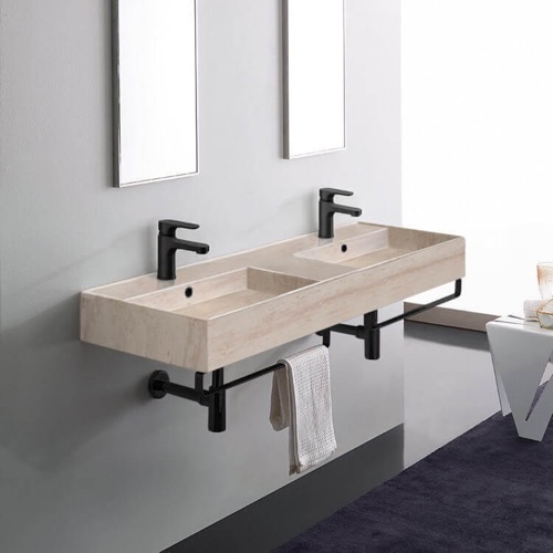 Beige Travertine Design Ceramic Wall Mounted Double Sink With Black Towel Bar Scarabeo 5116-E-TB-BLK