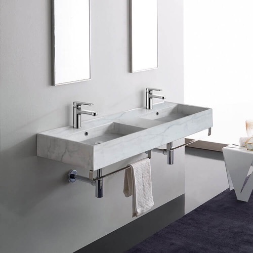Marble Design Ceramic Wall Mounted Double Sink With Polished Chrome Towel Holder Scarabeo 5116-F-TB