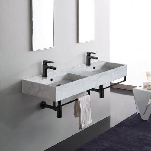 Marble Design Ceramic Wall Mounted Double Sink With Black Towel Bar Scarabeo 5116-F-TB-BLK