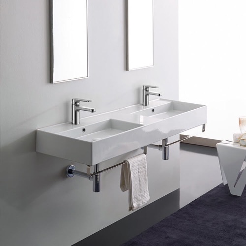 Double Ceramic Wall Mounted Sink With Polished Chrome Towel Holder Scarabeo 5116-TB
