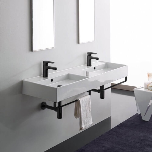Double Ceramic Wall Mounted Sink With Black Towel Holder Scarabeo 5116-TB-BLK
