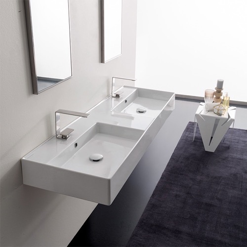 Double Rectangular Ceramic Wall Mounted or Vessel Sink With Counter Space Scarabeo 5116