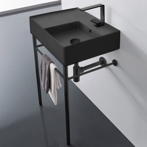 Matte Black Ceramic Console Sink and Matte Black Stand, 24