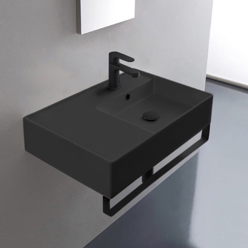 Black Ceramic Wall Mounted Sink With Black Towel Bar Scarabeo 5117-49-TB-BLK