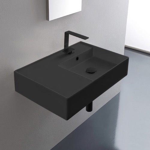 Black Ceramic Wall Mounted or Vessel Sink With Counter Space Scarabeo 5117-49