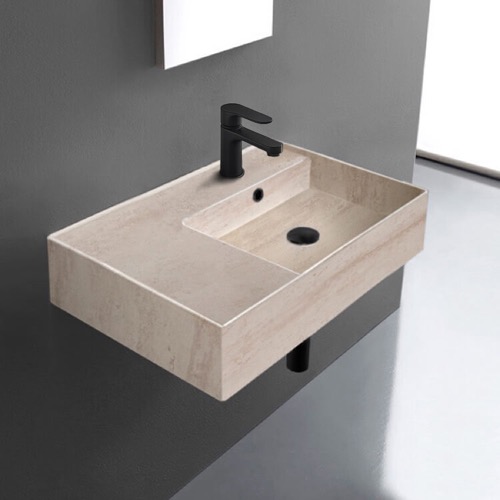 Beige Travertine Design Ceramic Wall Mounted or Vessel Sink With Counter Space Scarabeo 5117-E