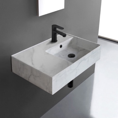 Marble Design Ceramic Wall Mounted or Vessel Sink With Counter Space Scarabeo 5117-F