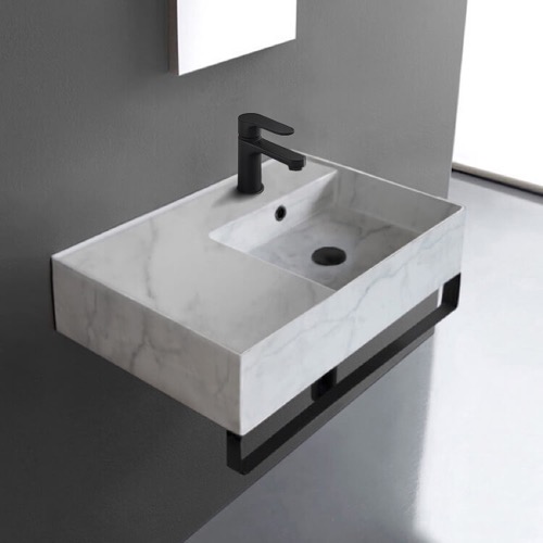 Marble Design Ceramic Wall Mounted Sink With Black Towel Bar Scarabeo 5117-F-TB-BLK