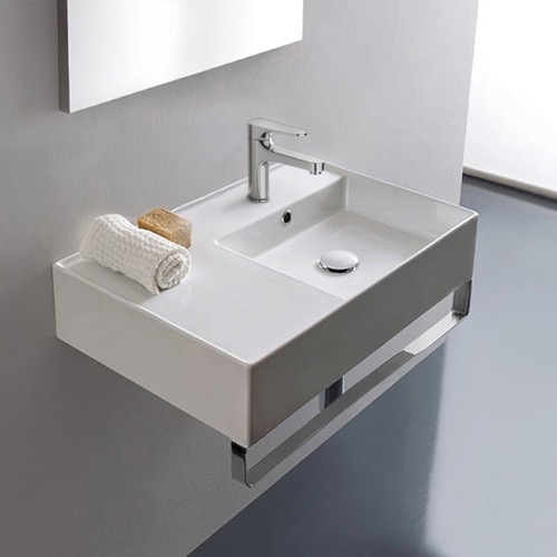 Rectangular Ceramic Wall Mounted Sink With Counter Space, Towel Bar Included Scarabeo 5117-TB