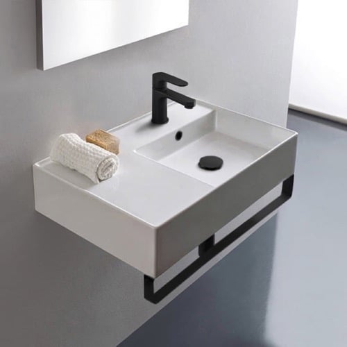 Rectangular Ceramic Wall Mounted Sink, Black Towel Bar Included Scarabeo 5117-TB-BLK