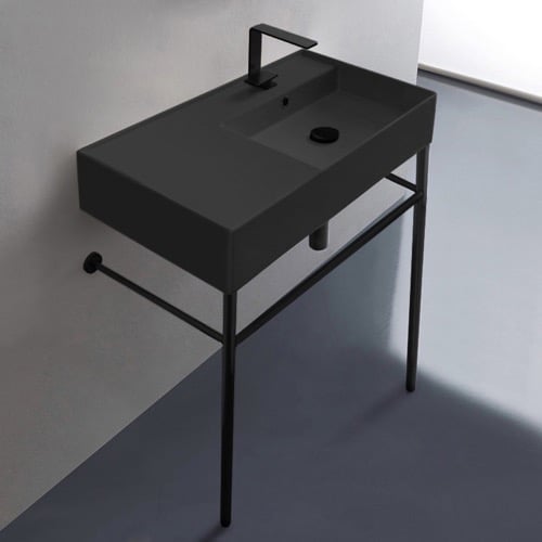 Matte Black Ceramic Console Sink and Matte Black Stand, 32 Inch Scarabeo 5118-49-CON-BLK