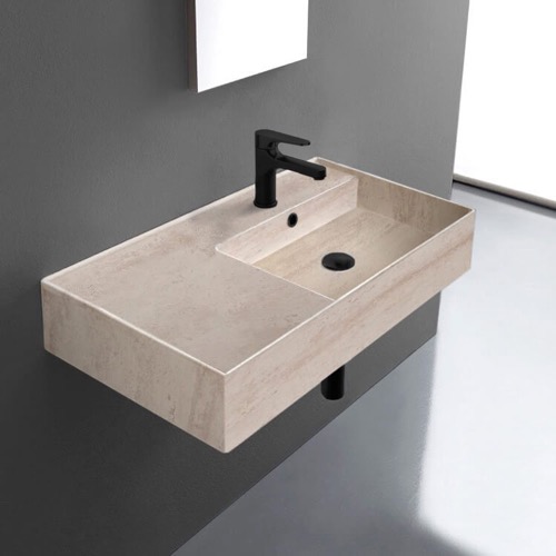 Beige Travertine Design Ceramic Wall Mounted or Vessel Sink With Counter Space Scarabeo 5118-E