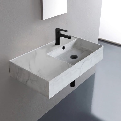 Marble Design Ceramic Wall Mounted or Vessel Sink With Counter Space Scarabeo 5118-F
