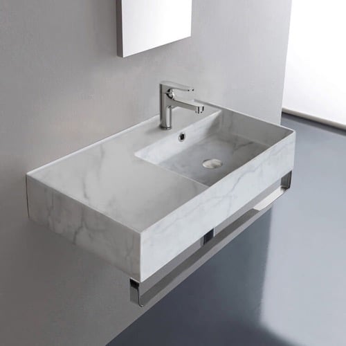 Wall Mount Sink - 32 Inch, Rectangular, Modern, With Counter Space, With Towel Bar, Ceramic, Marble Scarabeo 5118-F-TB