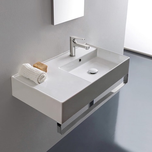 Wall Mount Sink - 32 Inch, Rectangular, Modern, With Counter Space, With Towel Bar, Ceramic Scarabeo 5118-TB