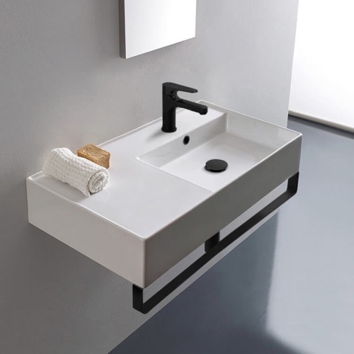 Rectangular Ceramic Wall Mounted Sink With Black Towel Bar Scarabeo 5118-TB-BLK