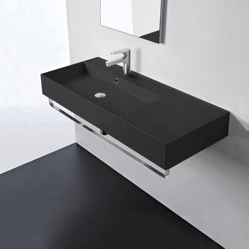 Black Wall Mounted Sink With Counter Space, Towel Bar Included Scarabeo 5119-49-TB