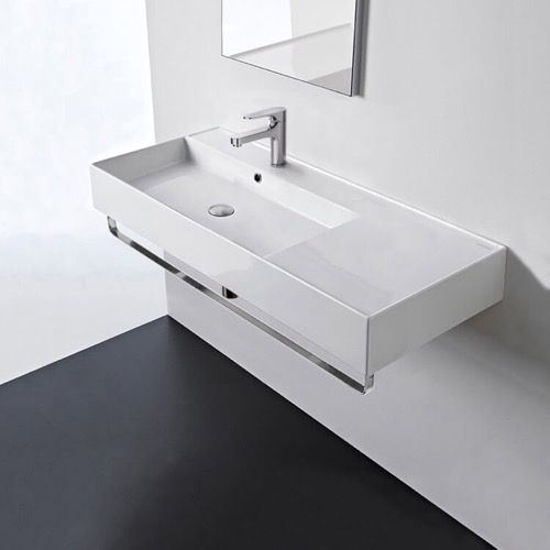Rectangular Ceramic Wall Mounted Sink With Counter Space, Towel Bar Included Scarabeo 5119-TB