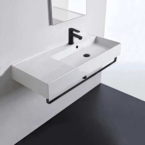 Rectangular Ceramic Wall Mounted Sink, Black Towel Bar Included Scarabeo 5120-TB-BLK