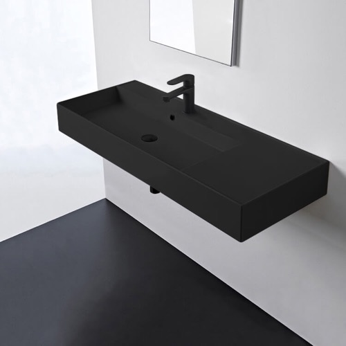 Black Ceramic Wall Mounted or Vessel Sink With Counter Space Scarabeo 5121-49
