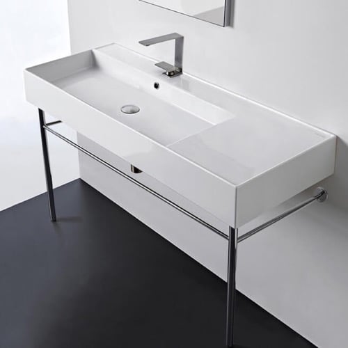 Rectangular Ceramic Console Sink and Polished Chrome Stand, 48 Inch Scarabeo 5121-CON
