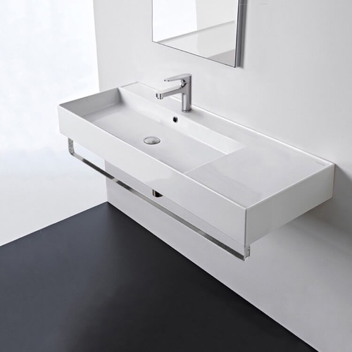 Rectangular Ceramic Wall Mounted Sink With Counter Space, Towel Bar Included Scarabeo 5121-TB