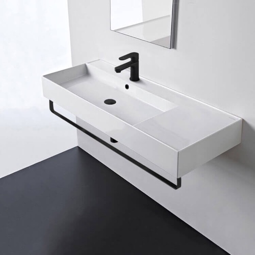 Rectangular Ceramic Wall Mounted Sink, Black Towel Bar Included Scarabeo 5121-TB-BLK