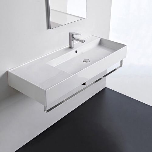 Rectangular Ceramic Wall Mounted Sink With Counter Space, Towel Bar Included Scarabeo 5122-TB