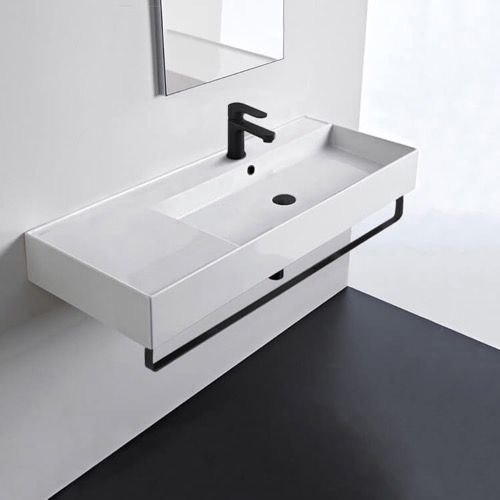 Rectangular Ceramic Wall Mounted Sink, Black Towel Bar Included Scarabeo 5122-TB-BLK