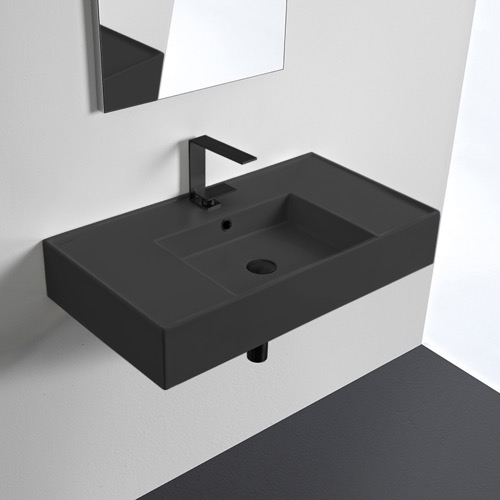 Black Ceramic Wall Mounted or Vessel Sink With Counter Space Scarabeo 5123-49