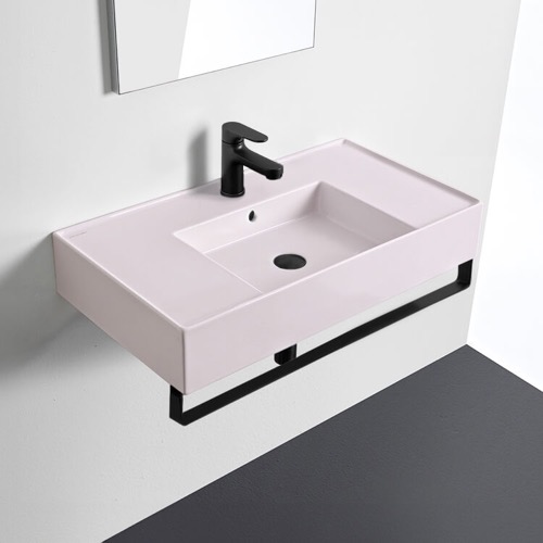 Pink Console Sink With Black Towel Bar, Modern Scarabeo 5123-54-TB-BLK