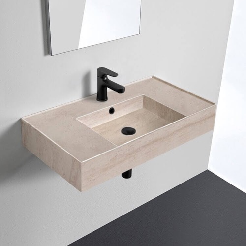 Beige Travertine Design Ceramic Wall Mounted or Vessel Sink With Counter Space Scarabeo 5123-E