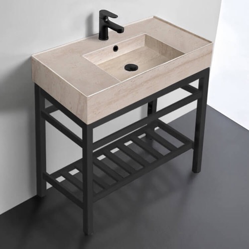 Modern Console Sink Vanity, Travertine Style Sink, 32 Inch Scarabeo 5123-E-CON2-BLK