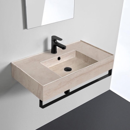 Beige Travertine Design Ceramic Wall Mounted Sink With Black Towel Bar Scarabeo 5123-E-TB-BLK