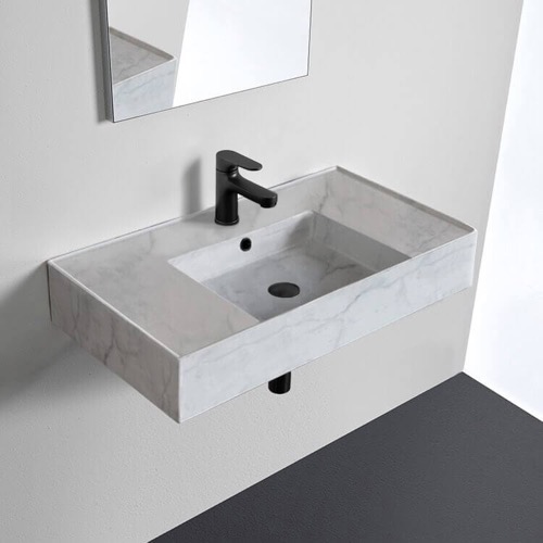 Marble Design Ceramic Wall Mounted or Vessel Sink With Counter Space Scarabeo 5123-F