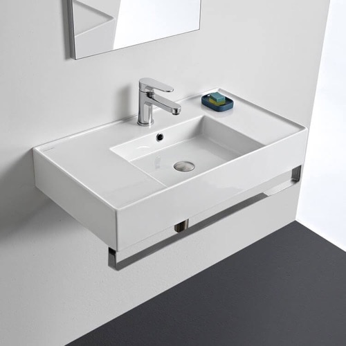 Rectangular Ceramic Wall Mounted Sink With Counter Space, Includes Towel Bar Scarabeo 5123-TB