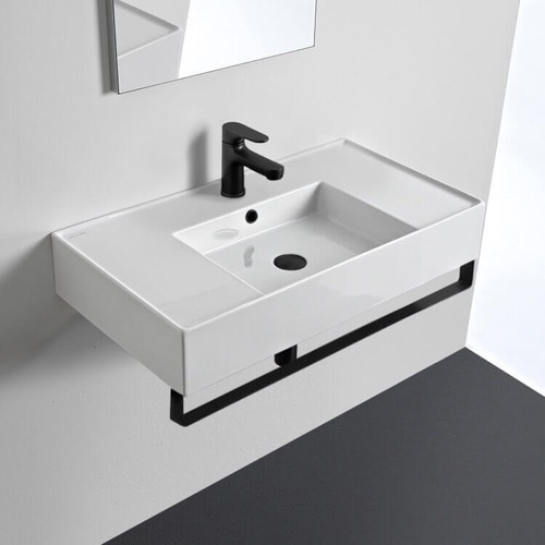 Rectangular Ceramic Wall Mounted Sink With Black Towel Bar Scarabeo 5123-TB-BLK