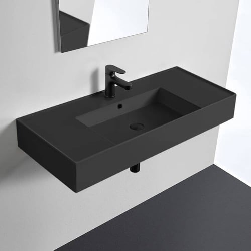 Black Ceramic Wall Mounted or Vessel Sink With Counter Space Scarabeo 5124-49