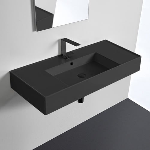 Matte Black Ceramic Wall Mounted or Vessel Sink With Counter Space