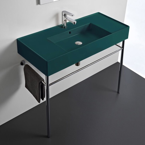 Console Sink - Metal Chrome Legs, Modern, 40 Inch, Green Ceramic Sink Scarabeo 5124-55-CON