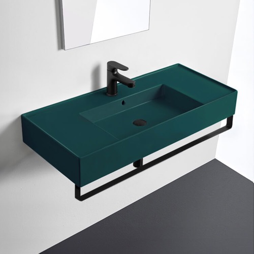 Wall Mount Sink - 40 Inch, Rectangular, Modern, With Counter Space, With Towel Bar, Ceramic, Jade Green Scarabeo 5124-55-TB-BLK