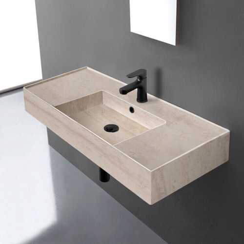 Beige Travertine Design Ceramic Wall Mounted or Vessel Sink With Counter Space Scarabeo 5124-E
