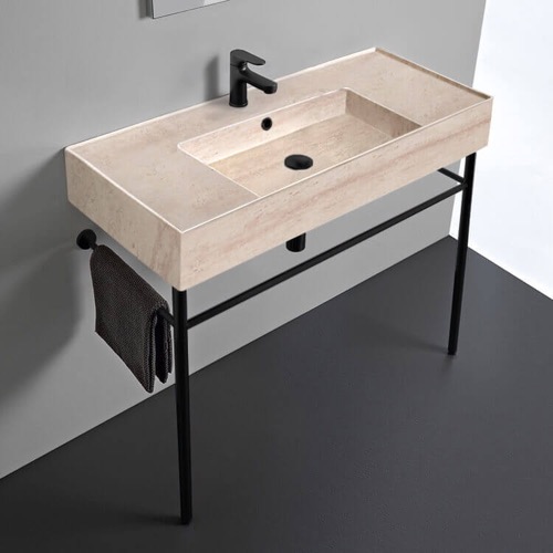 Modern Console Sink, Travertine Style Sink, 40 Inch Scarabeo 5124-E-CON-BLK