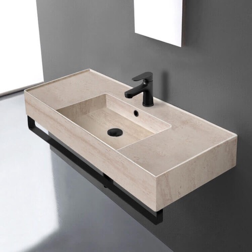 Beige Travertine Design Ceramic Wall Mounted Sink With Black Towel Bar Scarabeo 5124-E-TB-BLK