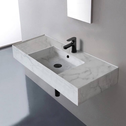 Marble Design Ceramic Wall Mounted or Vessel Sink With Counter Space Scarabeo 5124-F